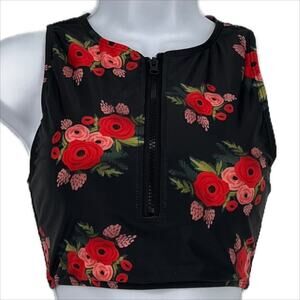 Tankini Swimsuit Top with Rose Print in Black XL